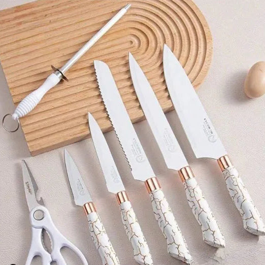 7-Piece Non-Stick Coated Knife Set with Elegant Marble Design & Acrylic Stand